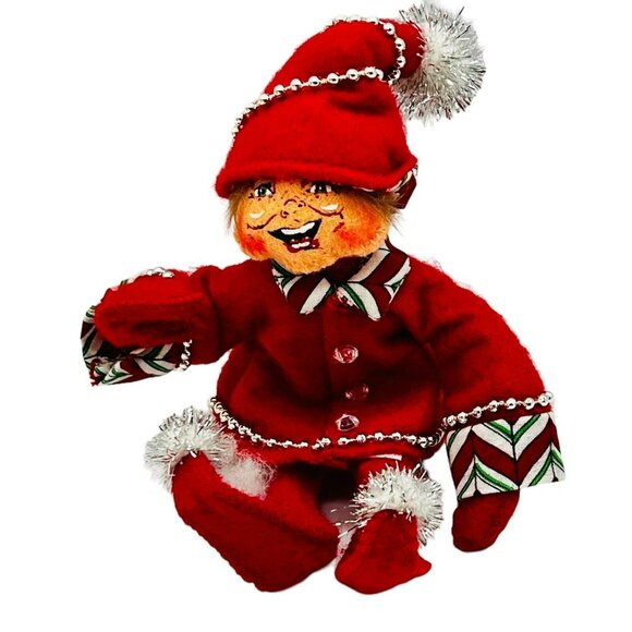 Annalee Green Red Elf Christmas Pair 2008 Silver Trim Open Eyes Mouth 7 inch - Picture 2 of 13